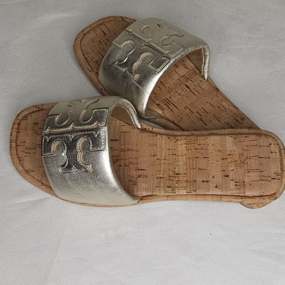 Tory Burch Gold and Silver Metallic Sandals with Cork Sole - Picture 7 of 8